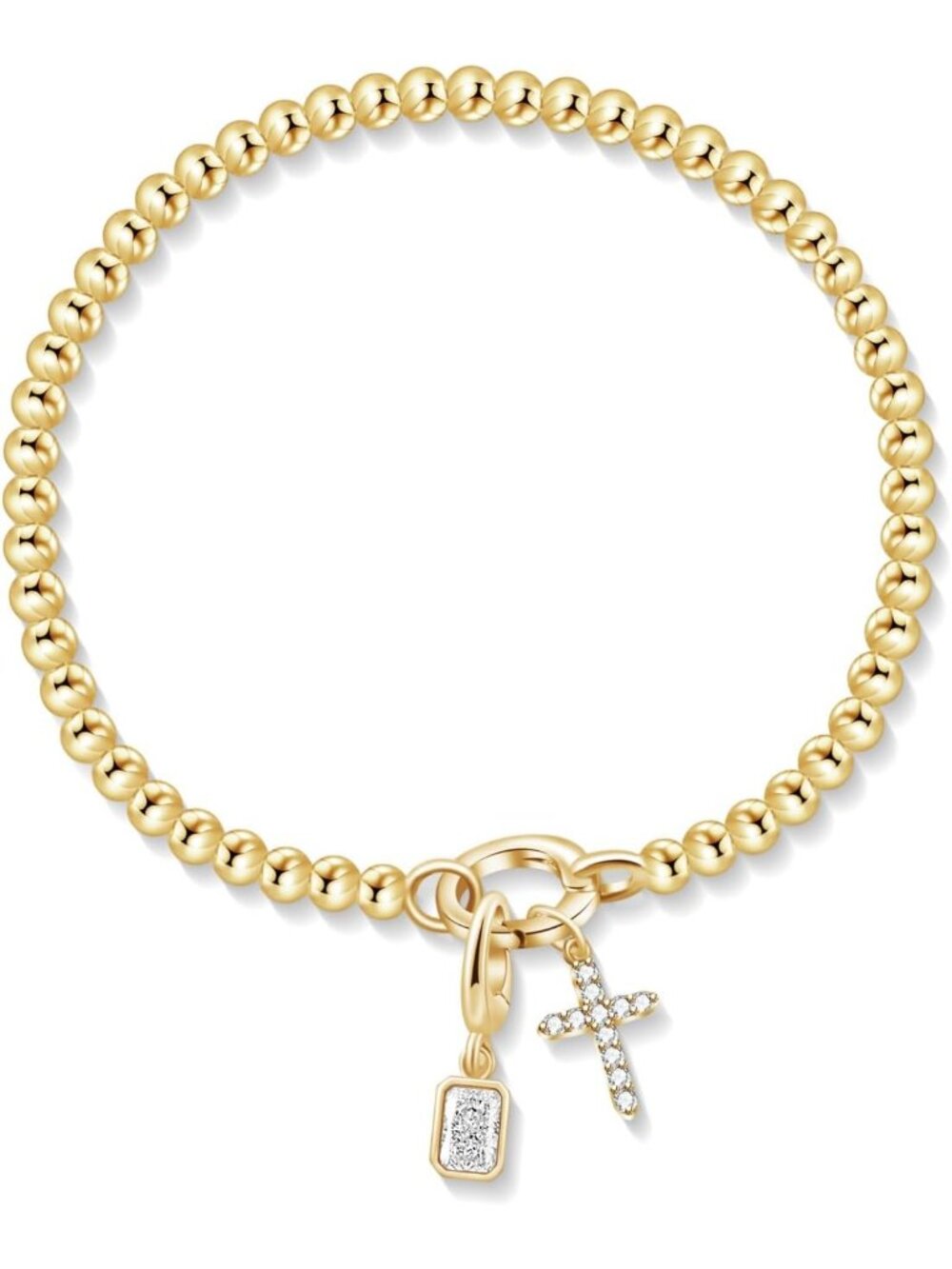 Dainty 14K Gold Plated Birthstone Cross Bracelet for Women - Beaded Charm